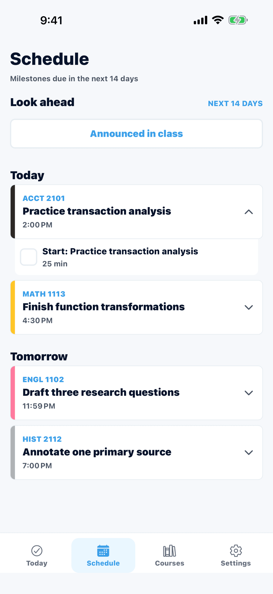 Syllabite Schedule screen showing milestones due today and tomorrow with a preparation bite expanded