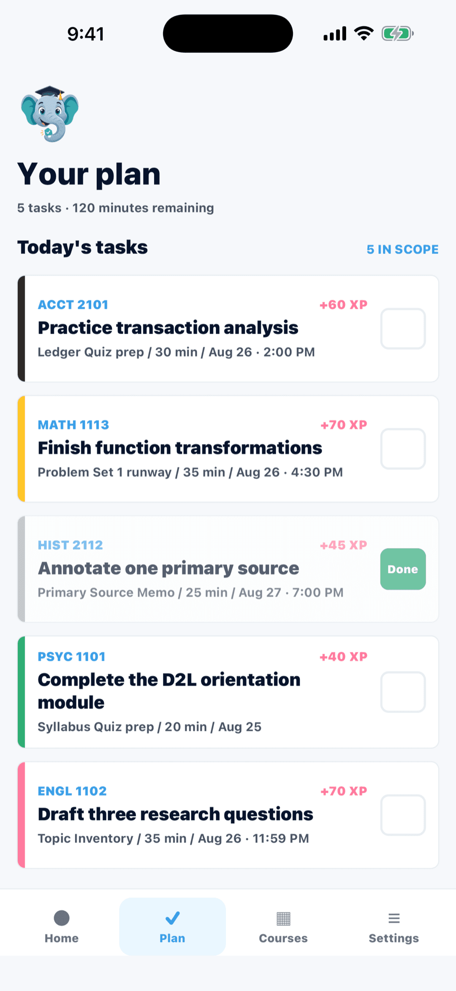 Syllabite plan screen showing five prioritized tasks across multiple college courses