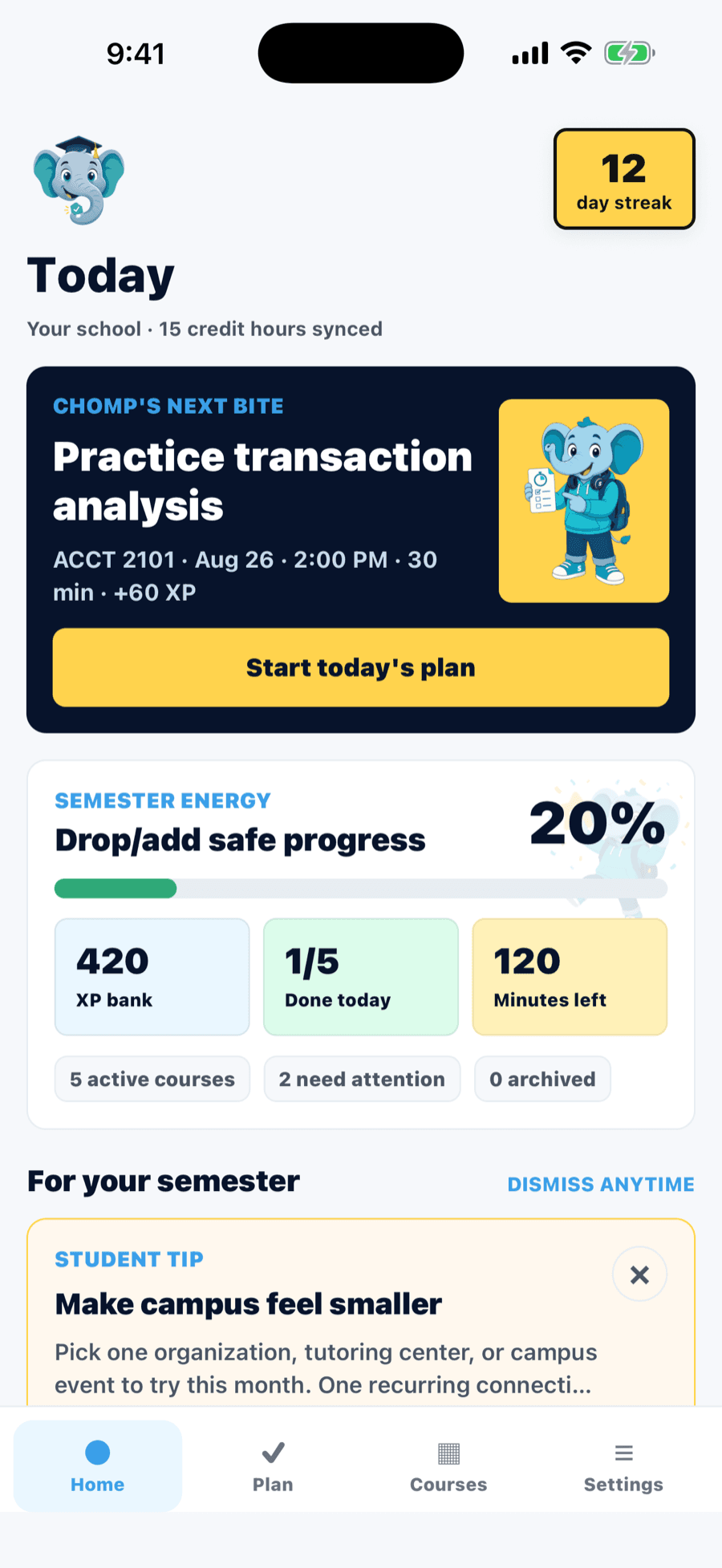 Syllabite Today screen showing Chomp’s next bite, a 12-day streak, progress, XP, and minutes remaining