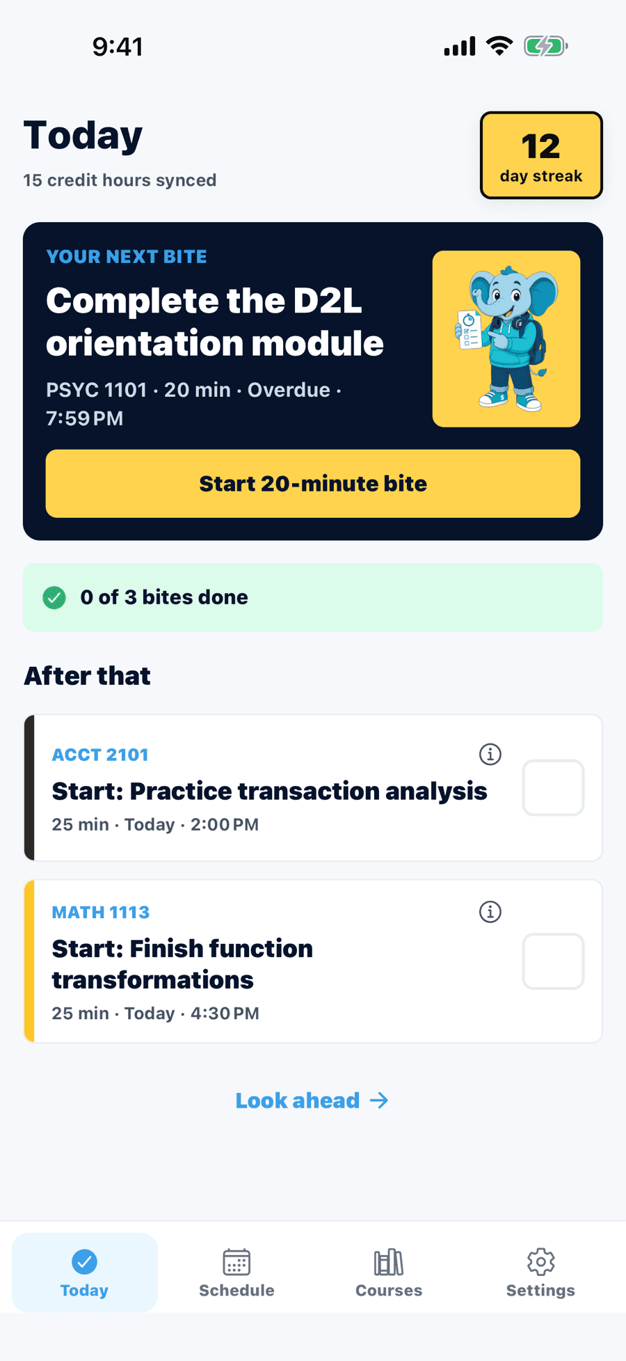 Syllabite Today screen showing one next bite and two smaller tasks after it